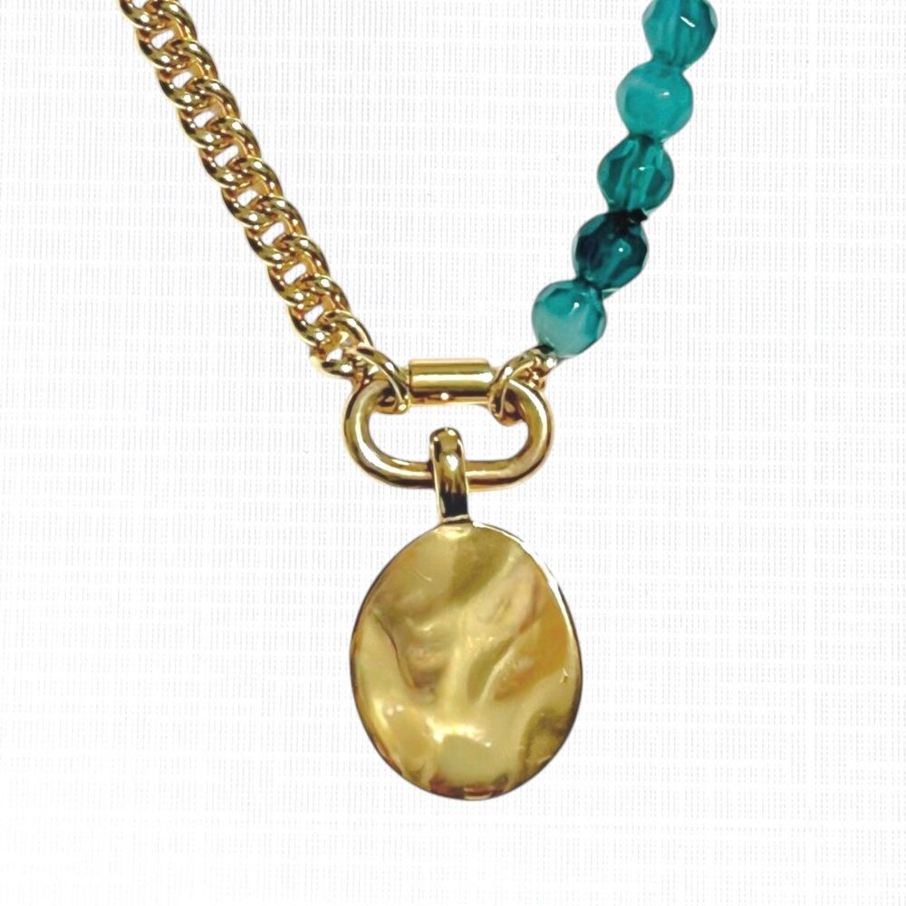 J Crew Half Beaded Chain Necklace Coin Pendant Green Gold Tone Oval Dangle - Picture 7 of 7